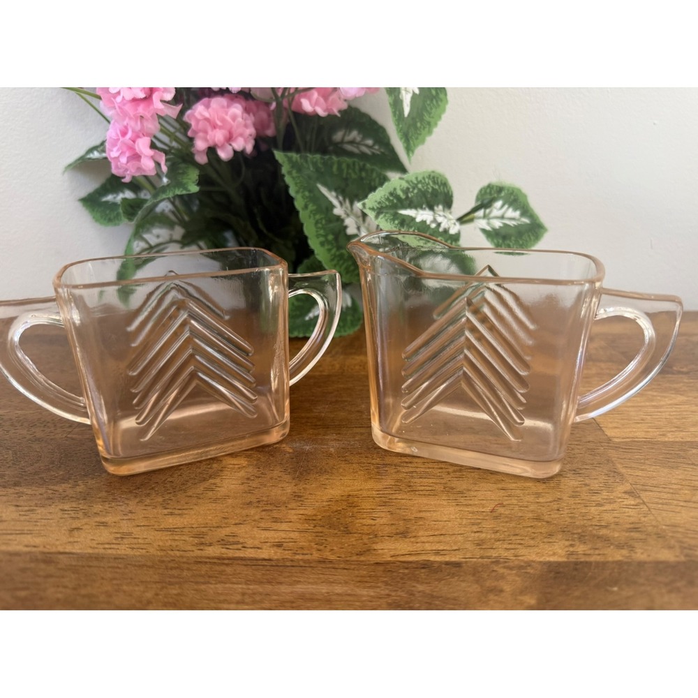 Vintage Hazel-Atlas Pink Chevron Depression Glass Creamer Sugar Set Retro Dining